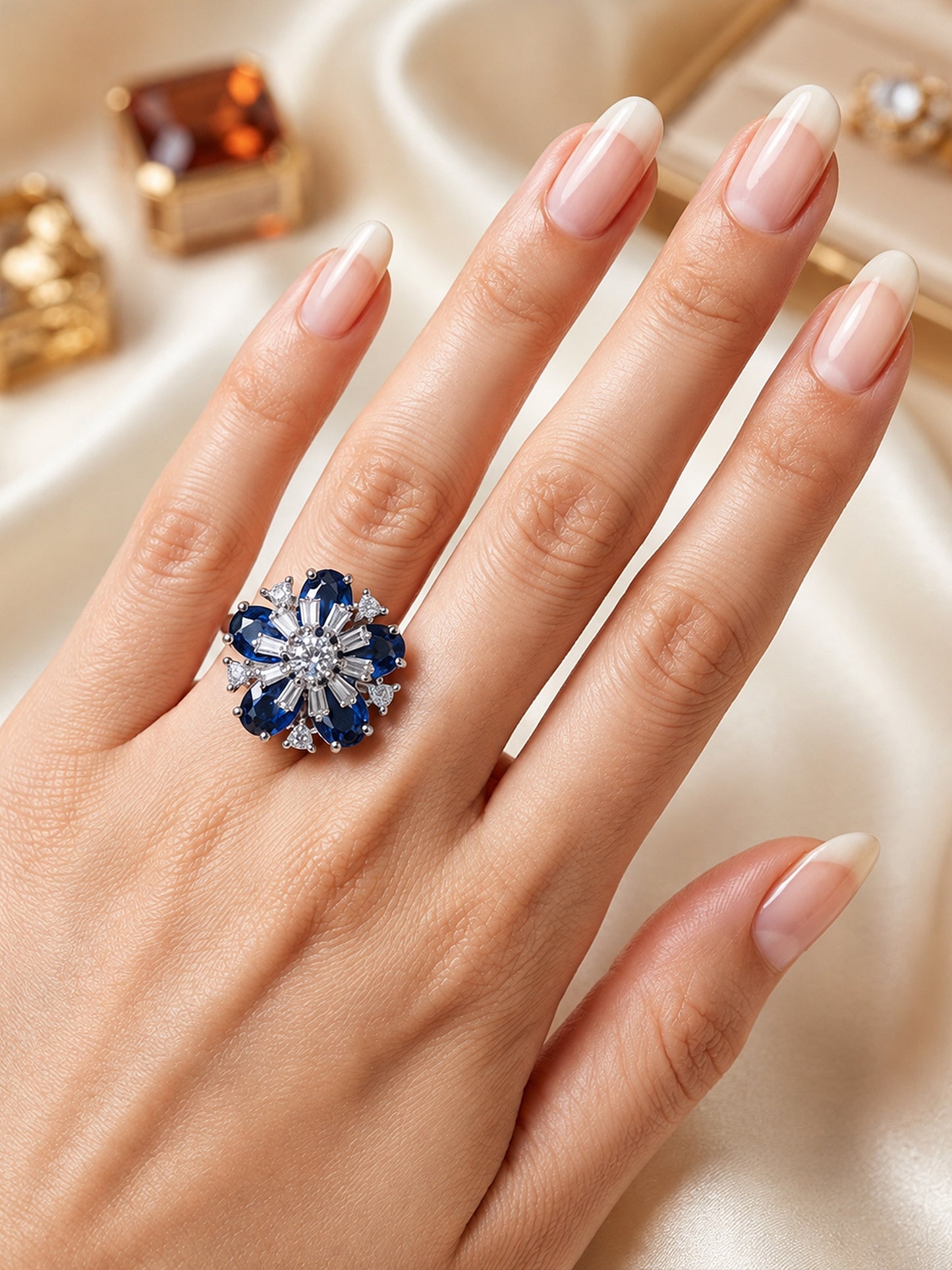 Rhodium Plated Blue AD Floral Finger Ring for Women