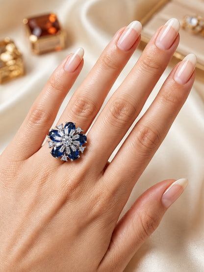 Rhodium Plated Blue AD Floral Finger Ring for Women