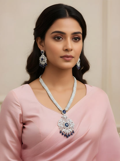 Silver Plated Blue and White AD Long Jewellery Set for Women