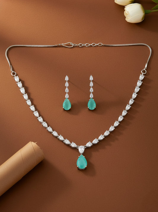 Silver Plated Mint Green AD Jewellery Set for Women