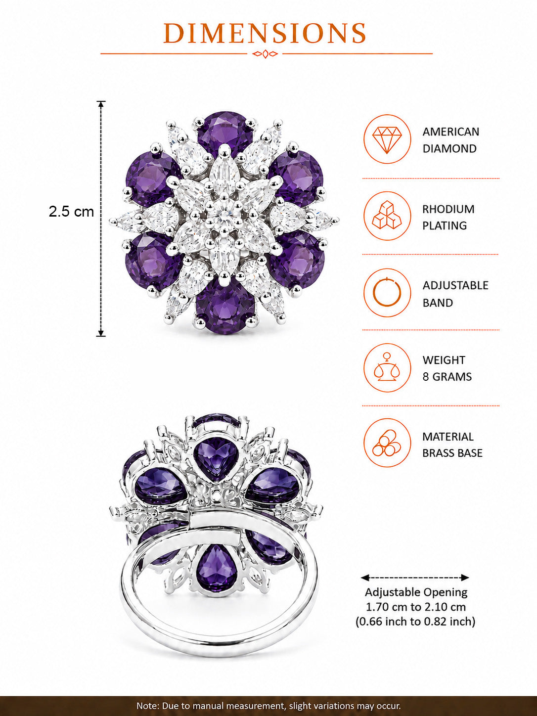 Rhodium Plated Purple AD Floral Finger Ring for Women