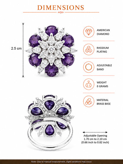Rhodium Plated Purple AD Floral Finger Ring for Women