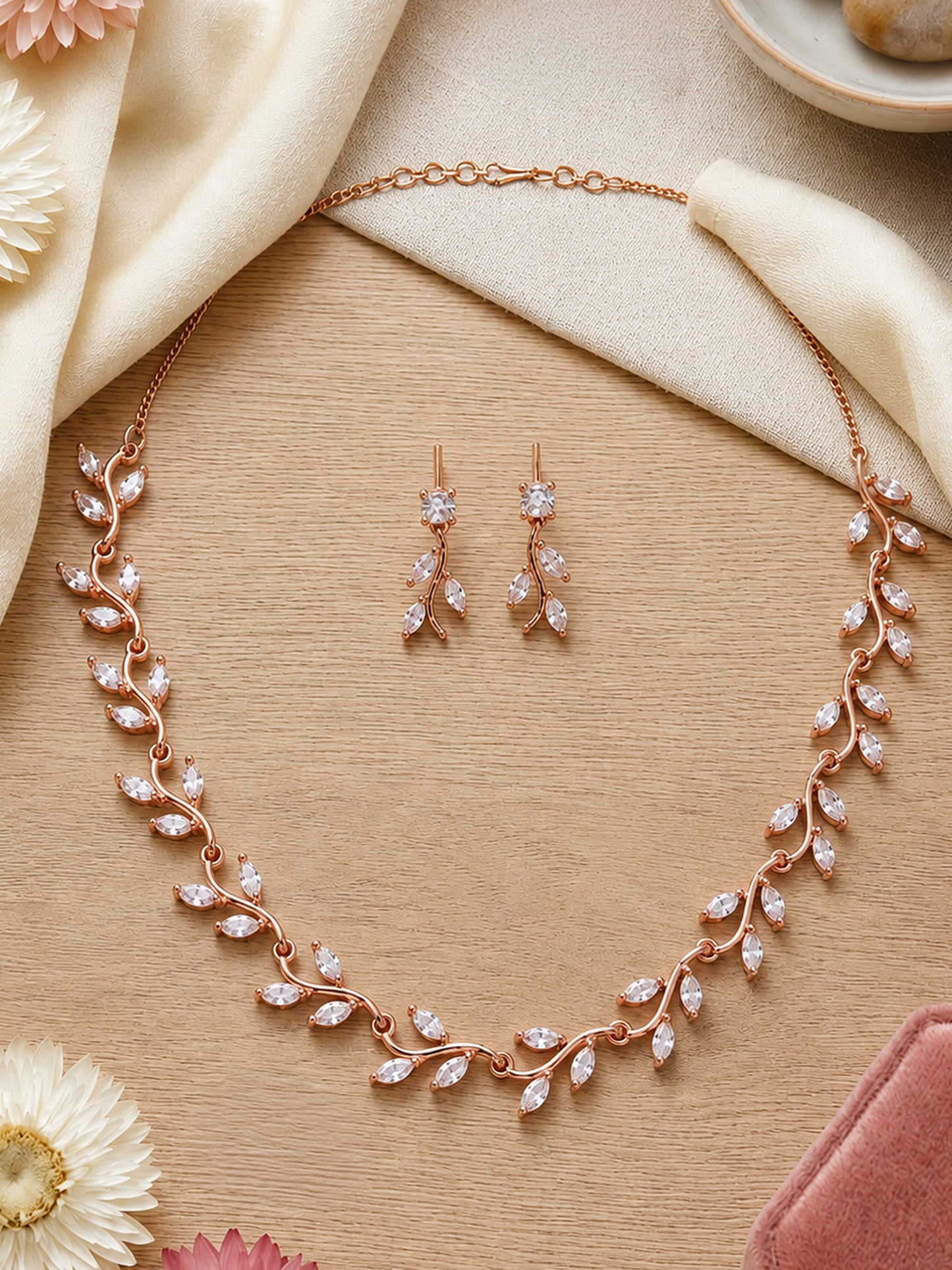 Rose Gold Plated AD Floral Jewellery Set for Women