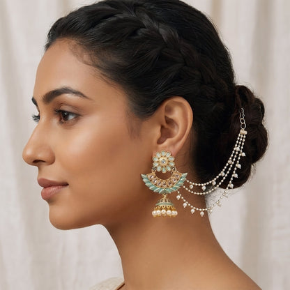 Gold Plated Green Kundan Jhumka Earrings with Chain for Women