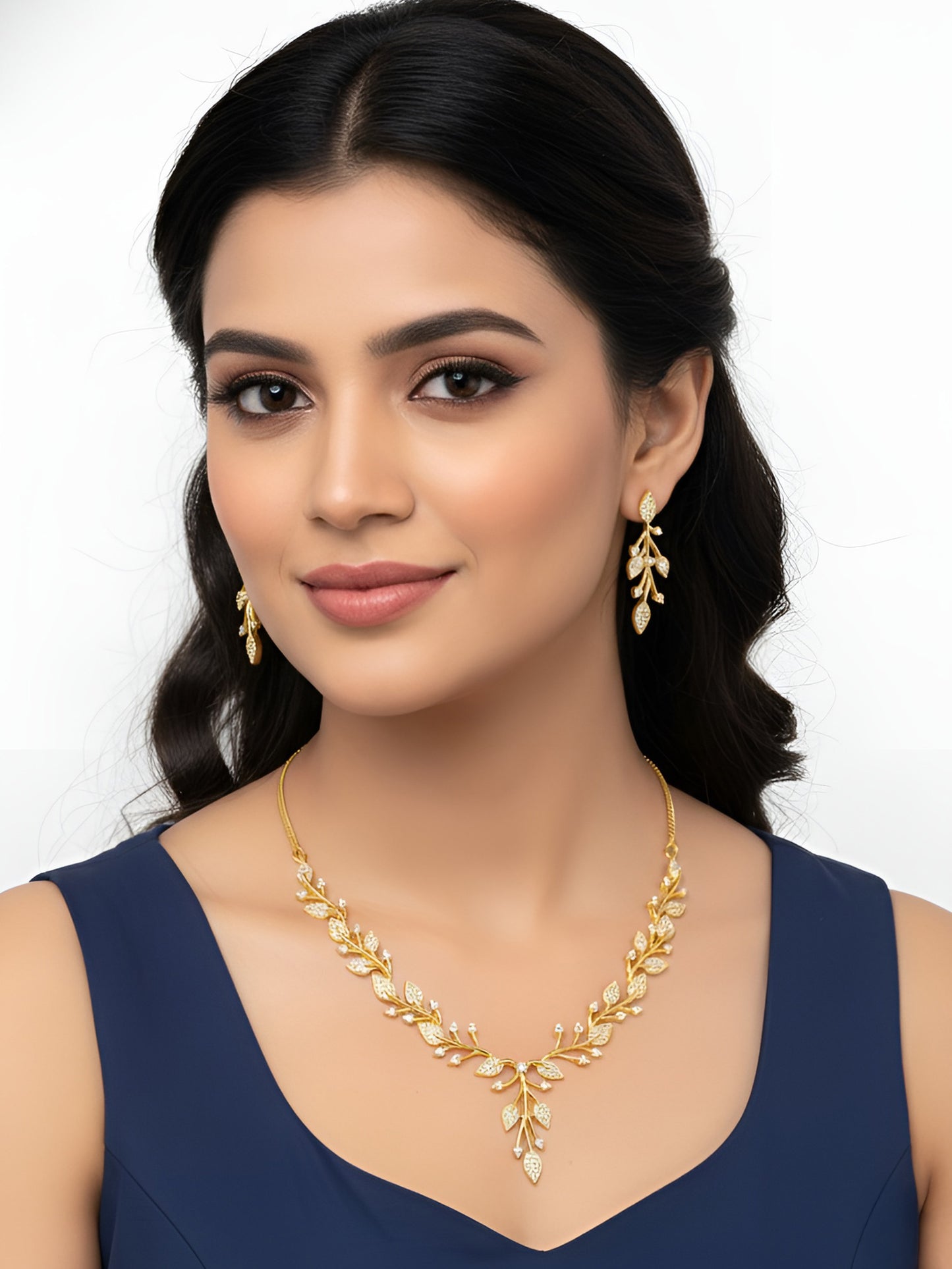 Gold Plated American Diamond Leaf Designer Jewellery Set for Women