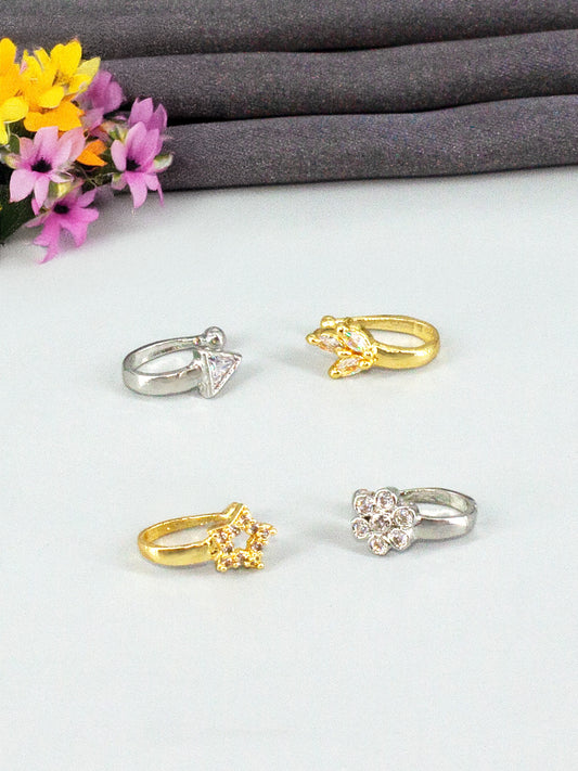Set of 4 Silver & Gold Plated White AD Press On Nose Pins for women