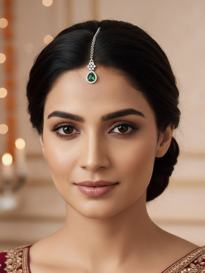 Rhodium Plated Green AD Maang Tikka for Women