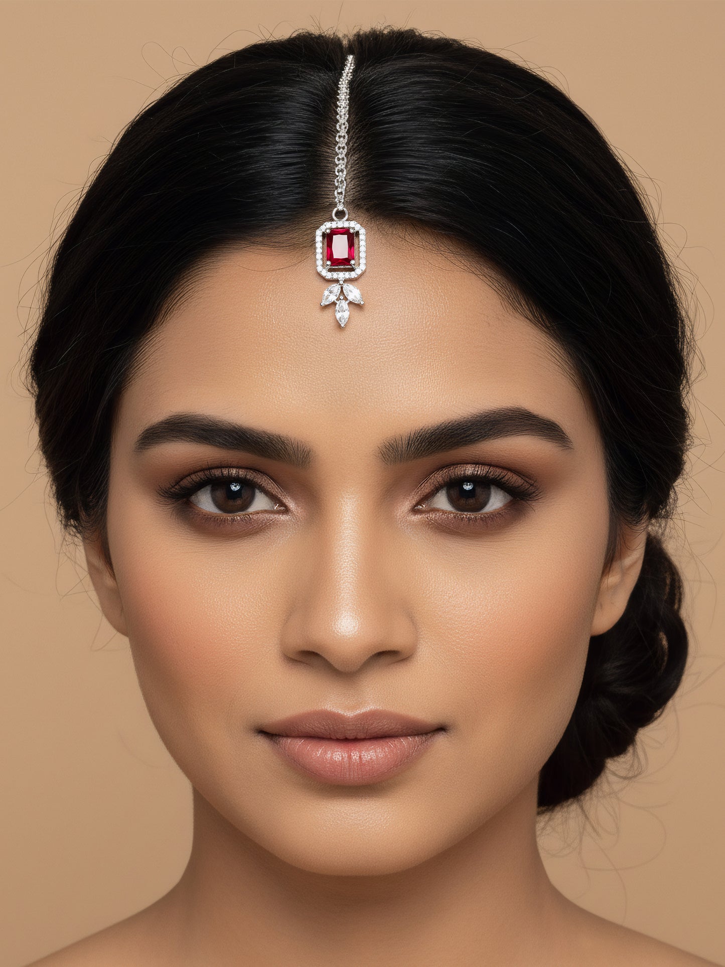 Rhodium Plated Red AD Maang Tikka for Women