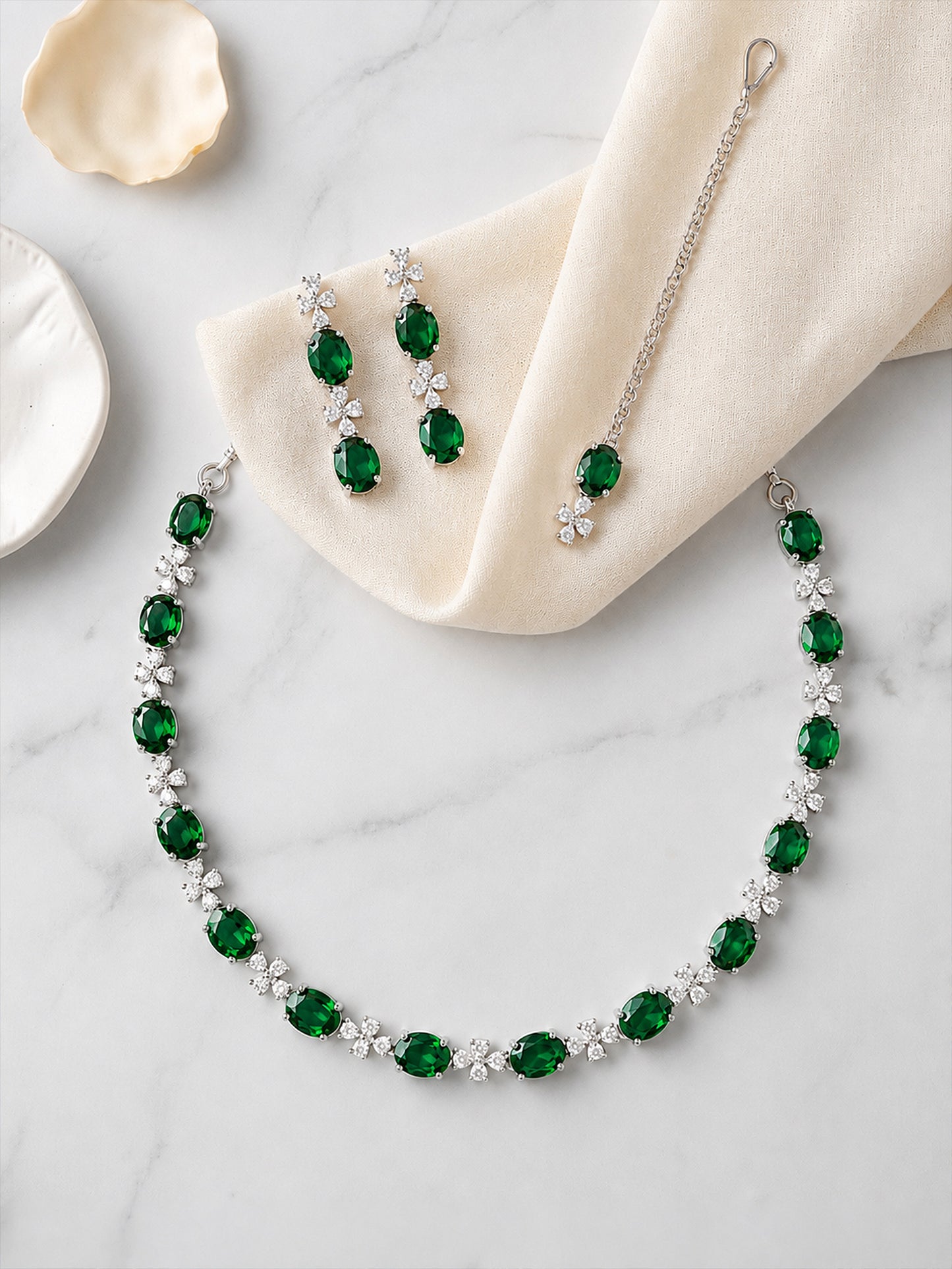 Silver Plated Green AD Jewellery Set for Women
