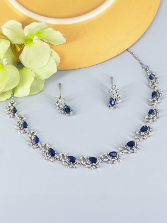 Silver Plated Blue American Diamond Designer Choker Set for Women