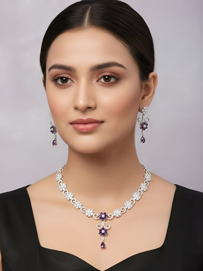 Silver Plated White & Purple AD Studded Jewellery Set for Women