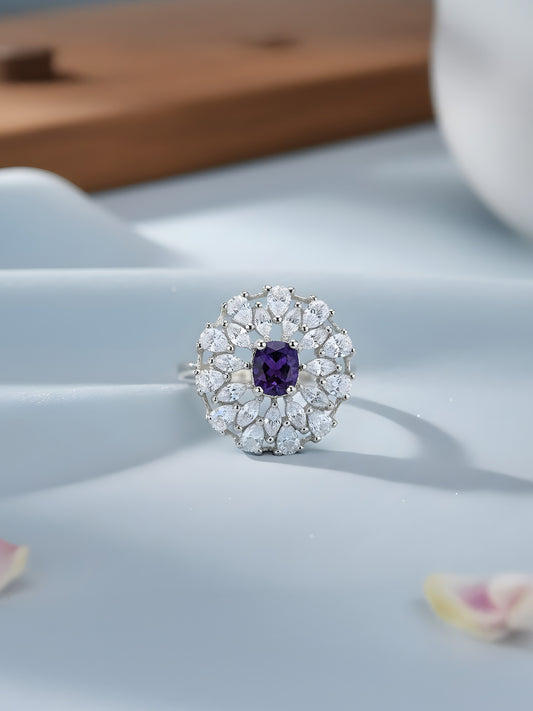 Silver Plated Purple AD Floral Adjustable Ring for Women