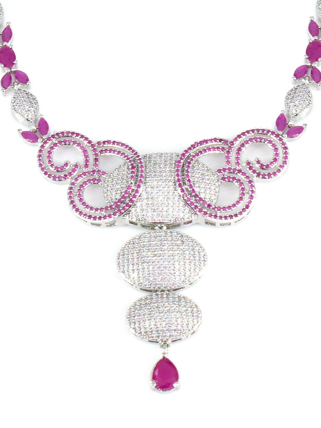 American Diamond Circular Design Pink Drop Jewellery Set For Women And Girls