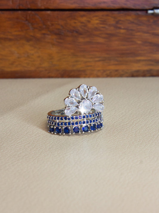 Silver-Plated American-Diamond Studded Floral Design Adjustable Finger Ring