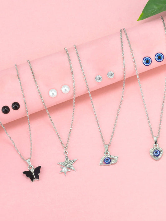 Pack of 4 Black & Blue Pendants & Earrings Set Gift For Girls