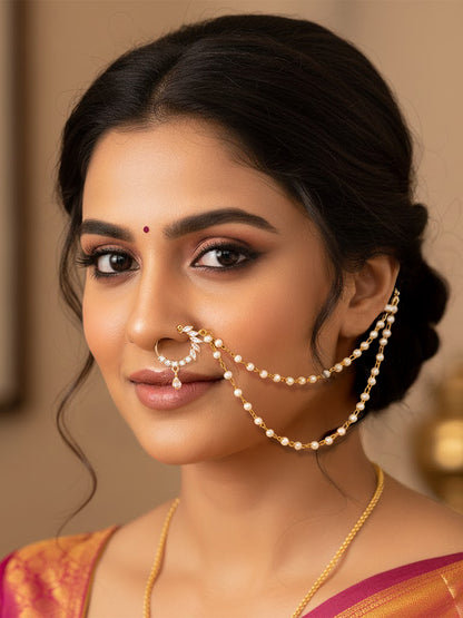 Gold Plated AD Nose Ring with 2 line Pearl Chain