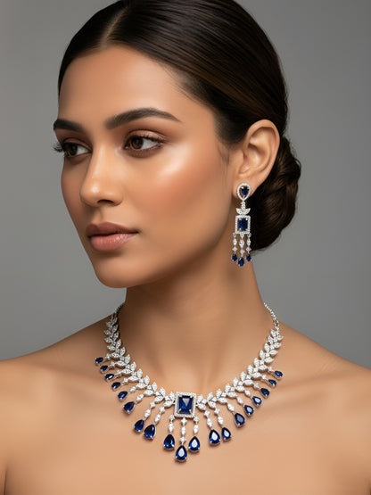 Silver Plated Blue AD Studded Jewellery Set