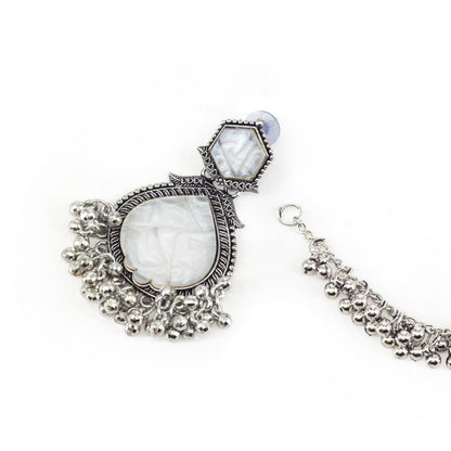 Silver Oxidised White Jhumka Earring with Chain for Women