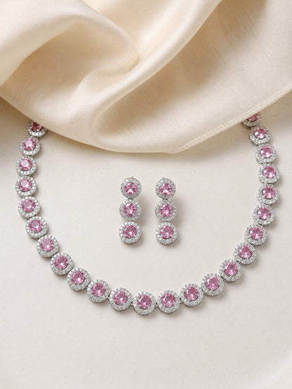 Silver Plated Pink AD Jewellery Set for Women