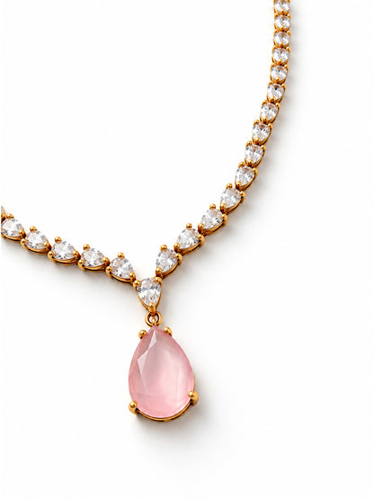 South Indian Gold Plated Pink AD Teardrop Jewellery Set for Women