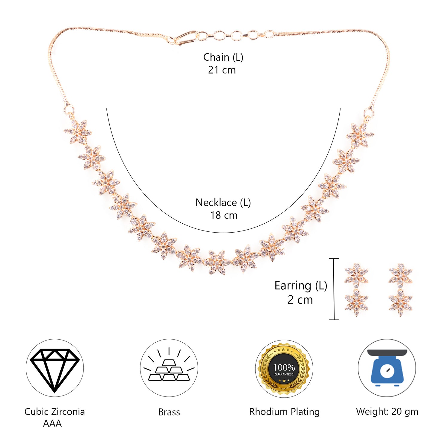 Rose Gold Plated American Diamond Floral Jewellery Set for Women