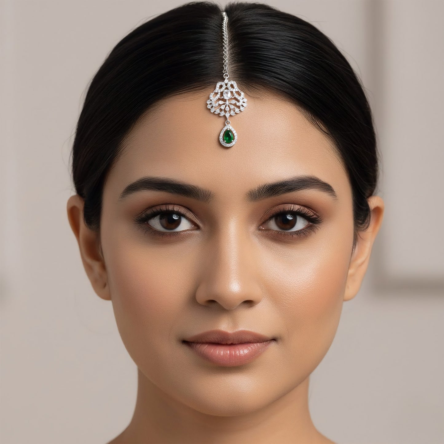 Silver Plated Green AD Maang Tikka for Women