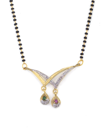 Gold Plated American Diamond & Black Beaded Trendy Mangalsutra With Earrings