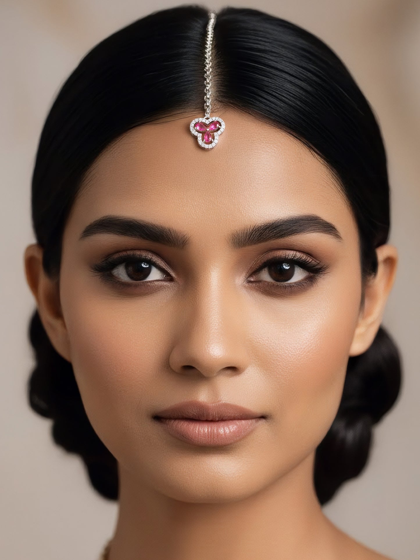 Silver Plated Pink AD Maang Tikka for Women