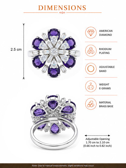 Silver Plated Purple AD Floral Finger Ring for Women