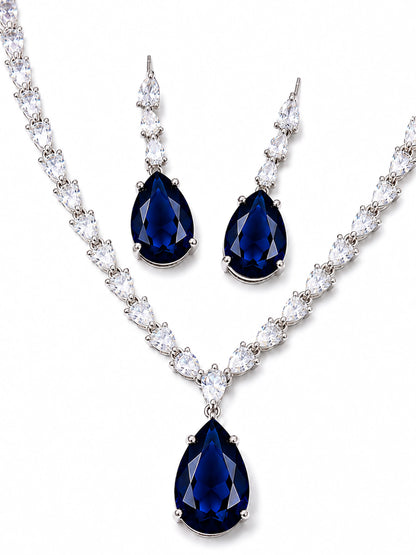Silver Plated Blue Teardrop AD Jewellery Set for Women