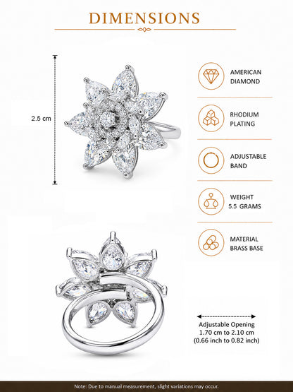 Rhodium Plated AD Floral Finger Ring for Women