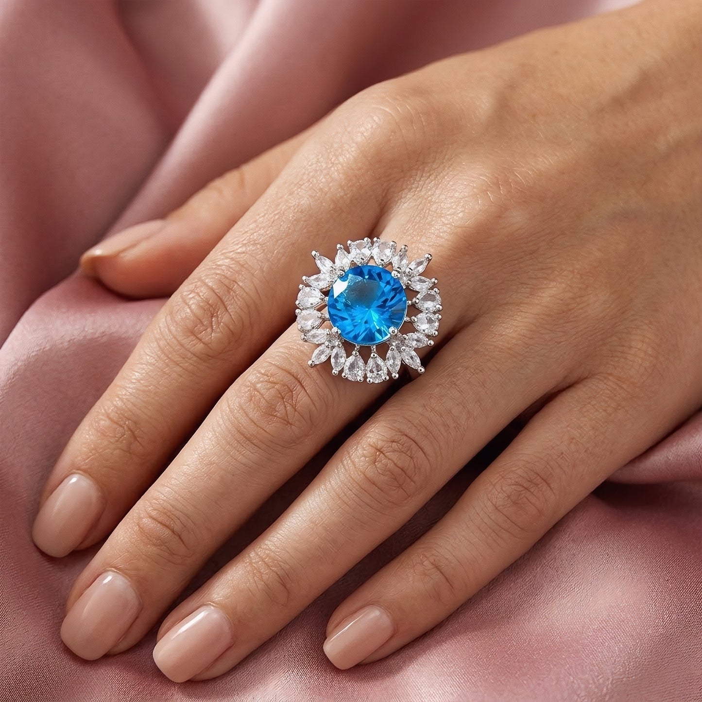 Silver Plated Aqua Blue AD Finger Ring for Women