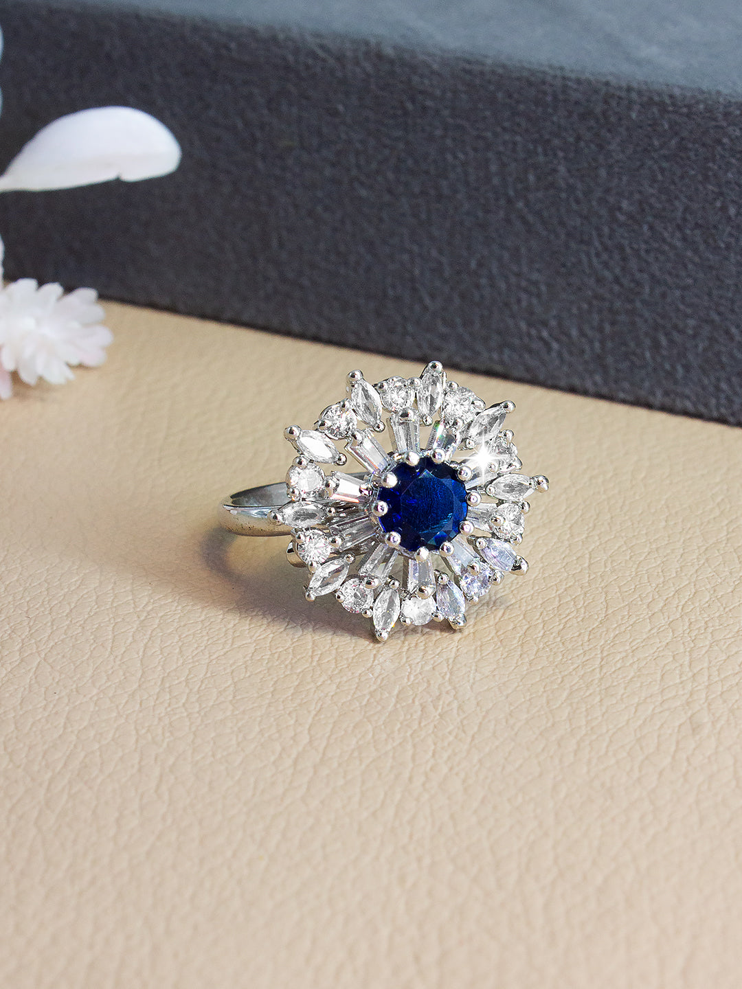 Silver-Plated American-Diamond Studded Floral Design Adjustable Finger Ring