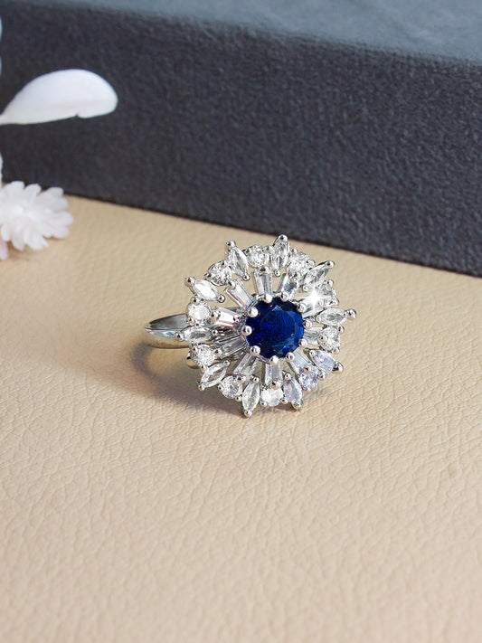 Silver-Plated American-Diamond Studded Floral Design Adjustable Finger Ring