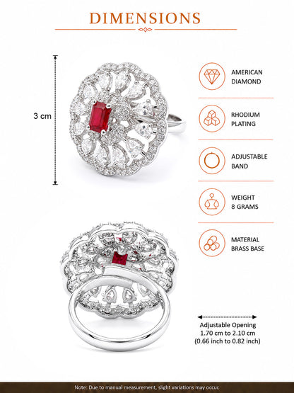Rhodium Plated Red AD Finger Ring for Women