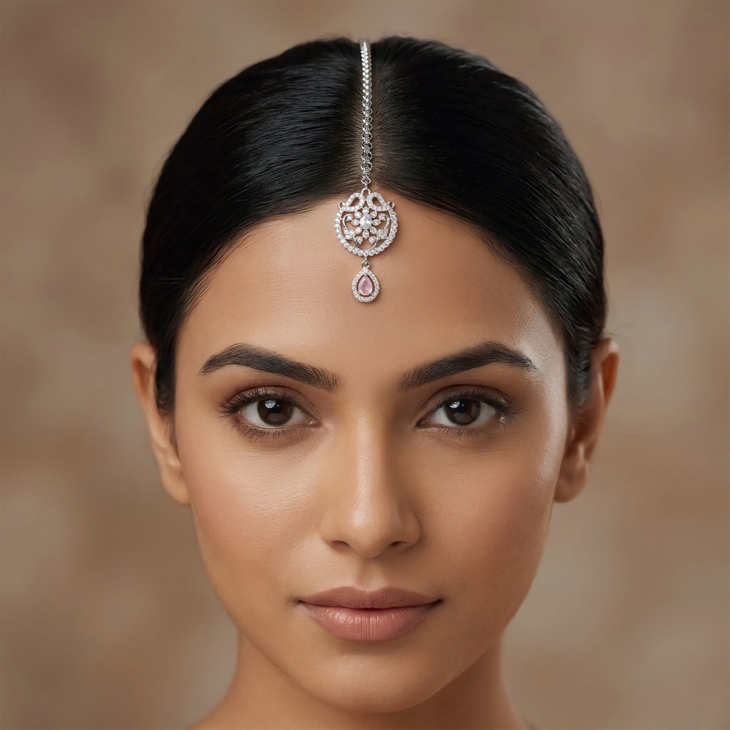 Rhodium Plated Pink AD Maang Tikka for Women