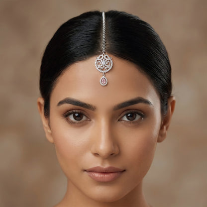 Rhodium Plated Pink AD Maang Tikka for Women