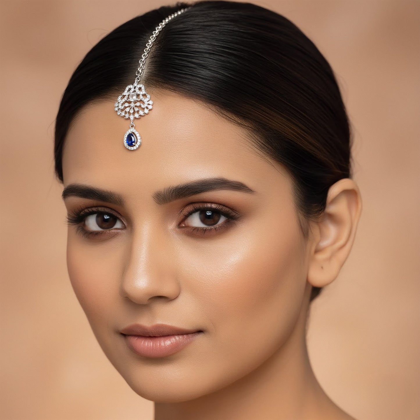 Rhodium Plated Blue AD Maang Tikka for Women