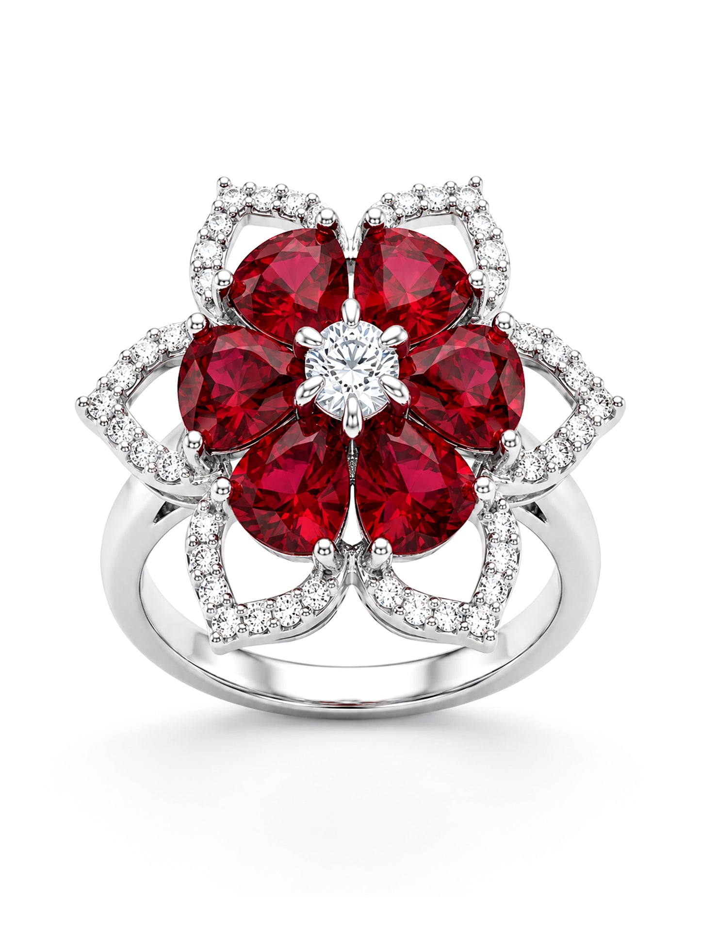 Rhodium Plated Red AD Floral Finger Ring for Women