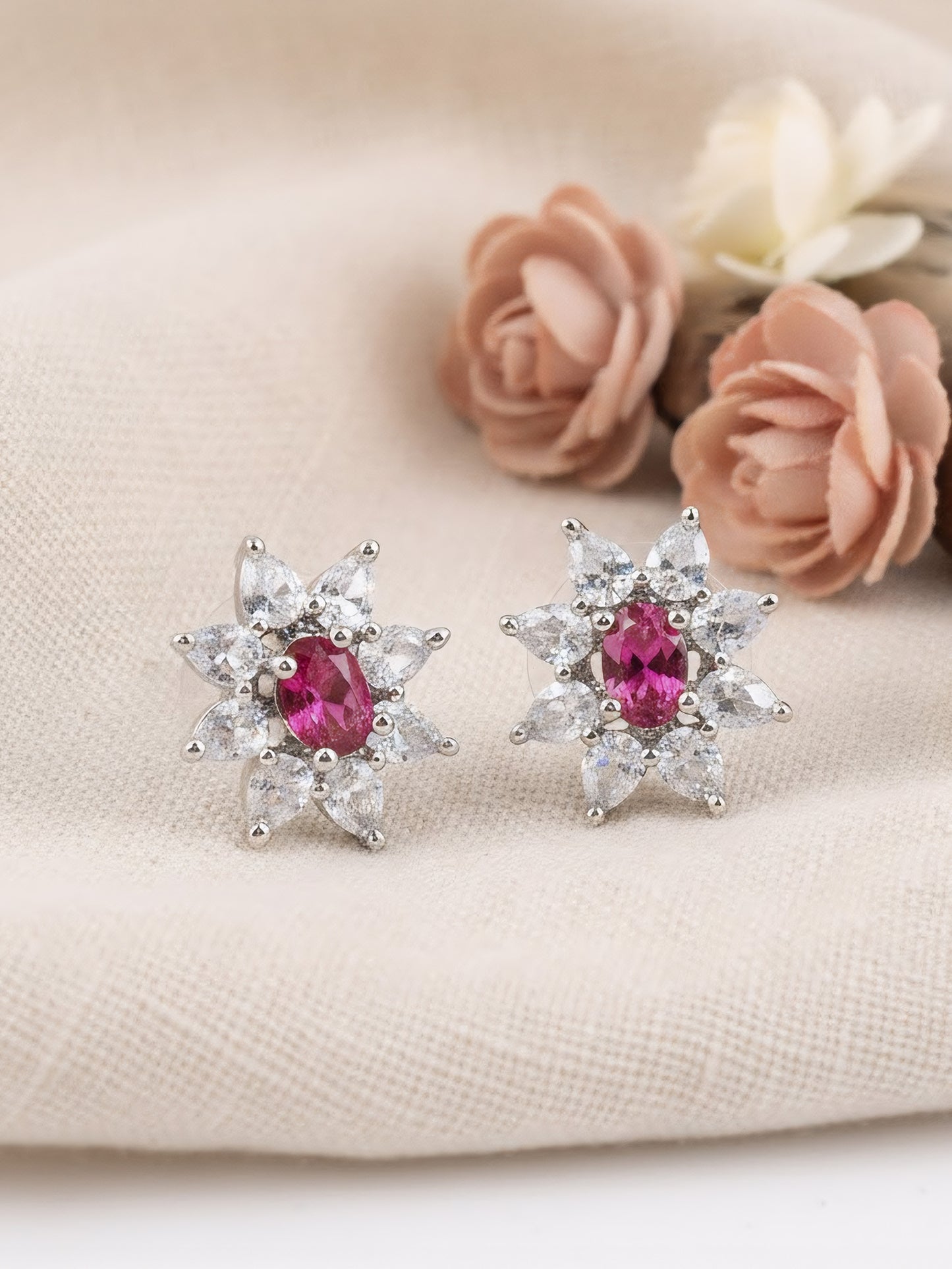 Rhodium Plated Red AD Floral Studs for Women