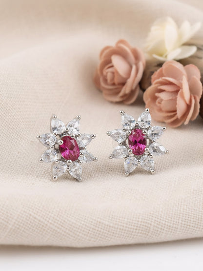 Rhodium Plated Red AD Floral Studs for Women
