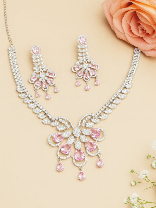 Silver Plated Pink AD Designer Floral Jewellery Set