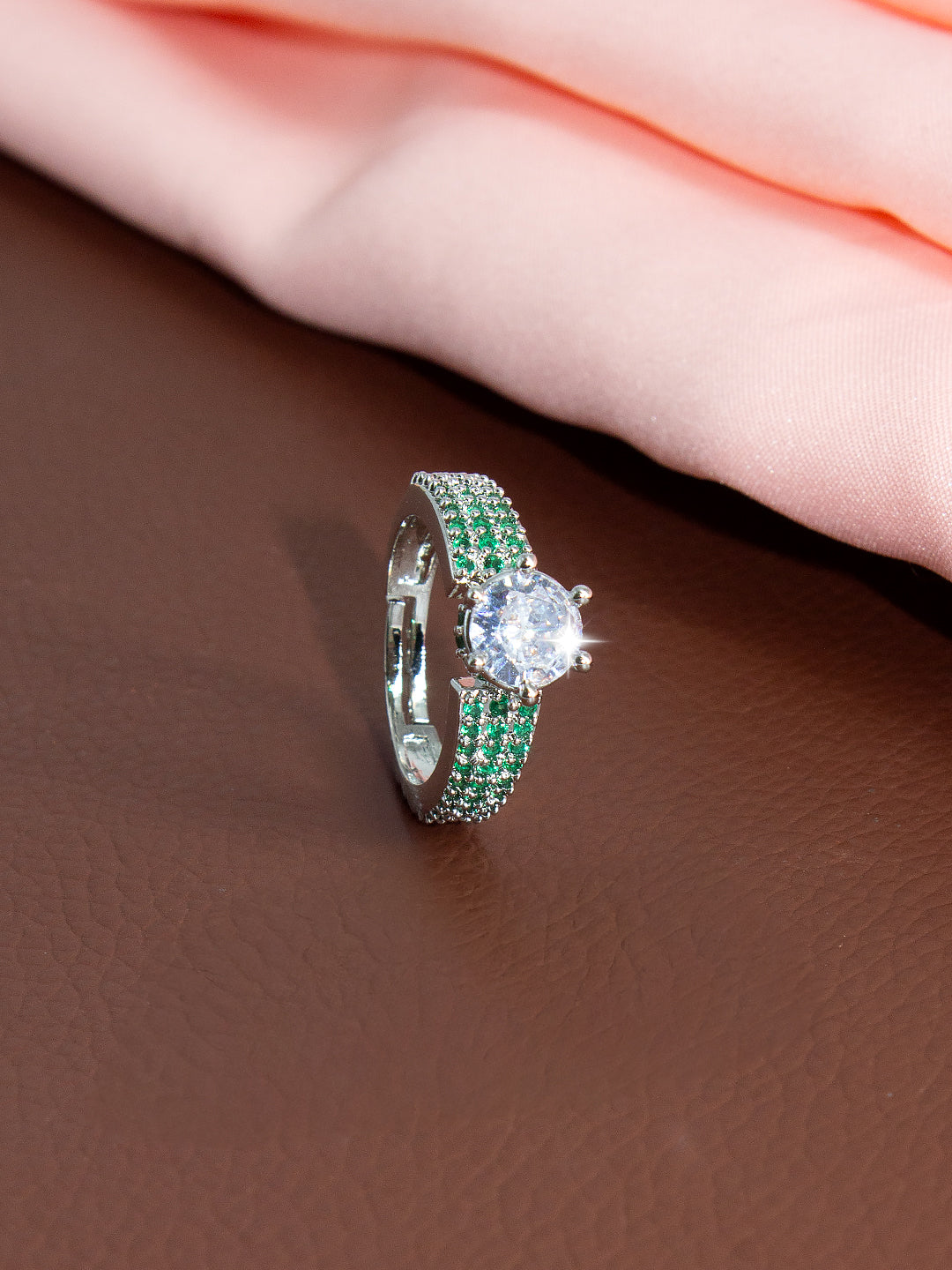 Silver-Plated Green American-Diamond Adjustable Finger Ring