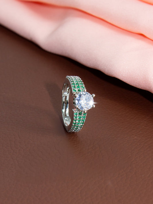 Silver-Plated Green American-Diamond Adjustable Finger Ring
