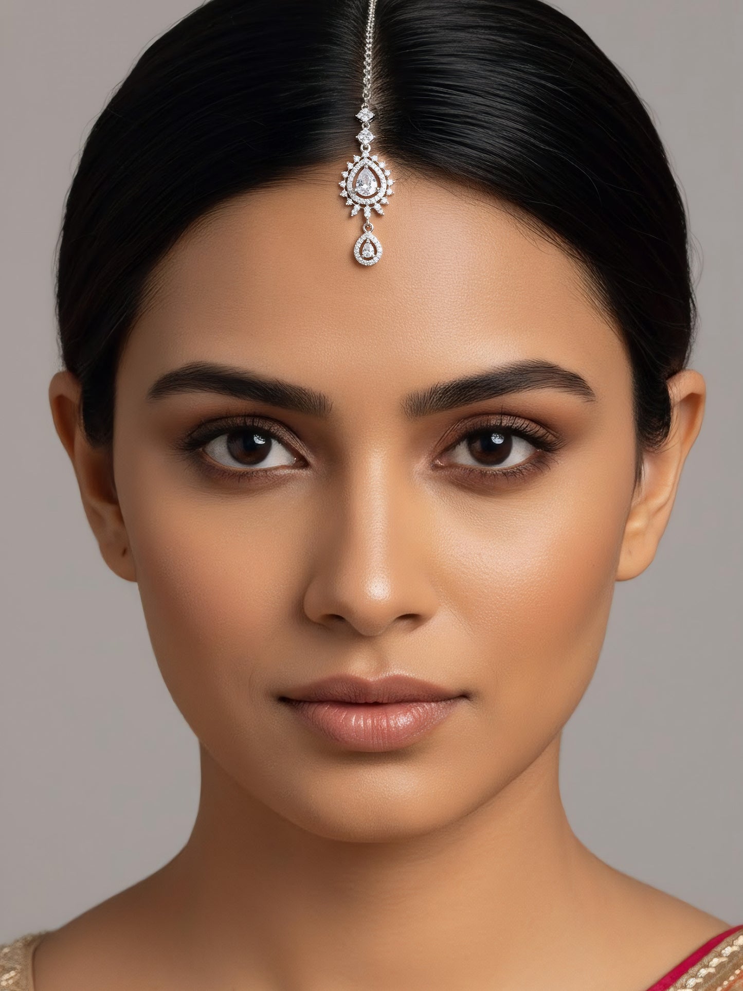 Silver Plated White AD Drop Maang Tikka for Women