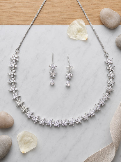 Silver Plated AD Floral Jewellery Set for Women