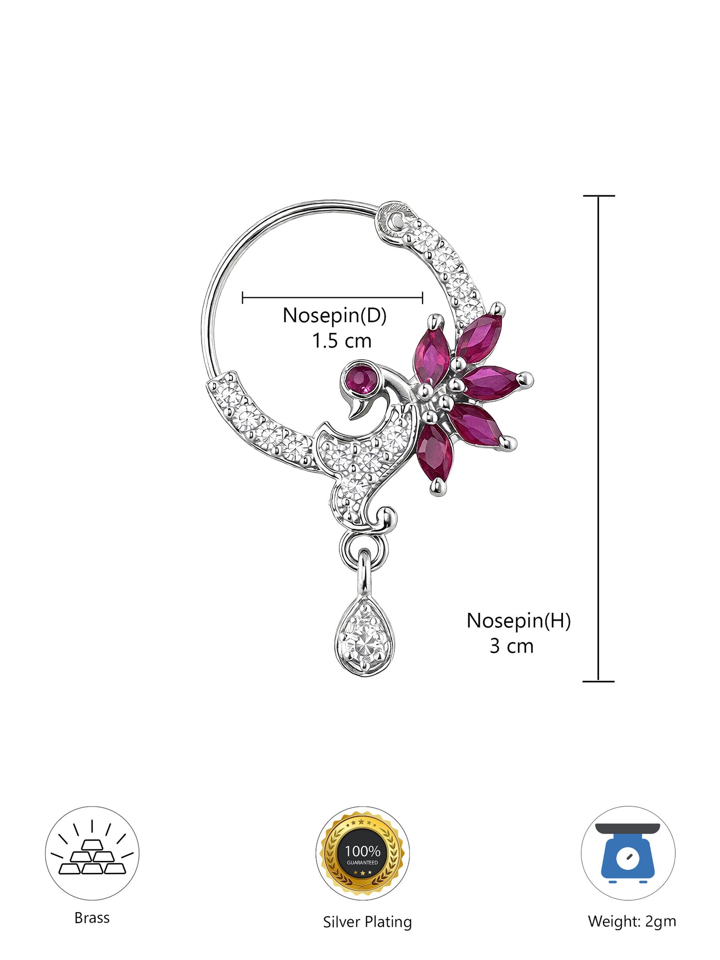 Silver Plated Red AD Drop Nose Ring for Women