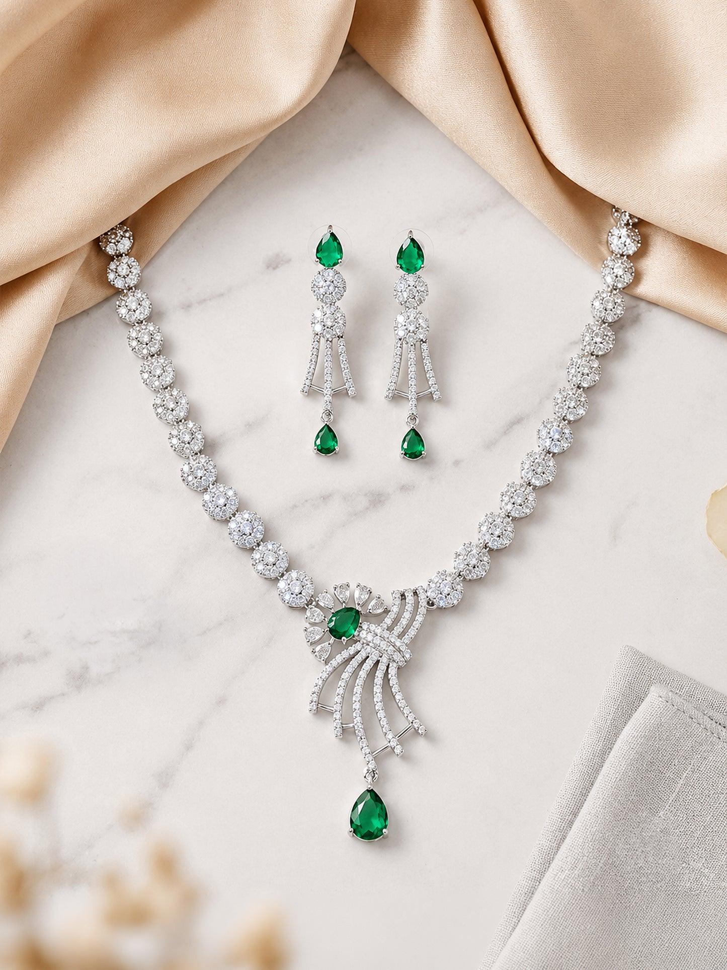 Silver Plated Green AD Jewellery Set for Women