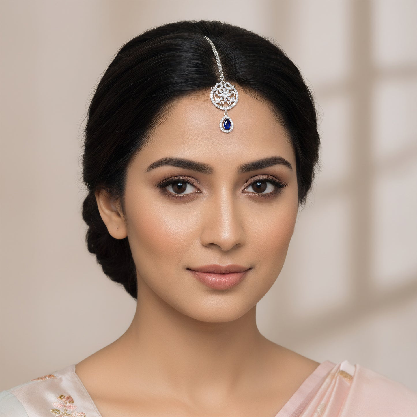 Silver Plated Blue AD Floral Maang Tikka for Women