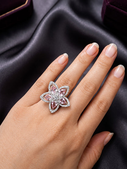 Rhodium Plated Pink AD Floral Finger Ring for Women